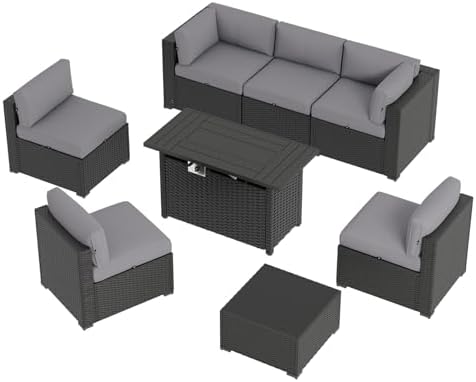 Aoxun 8 Piece Patio Furniture Set with 44" Fire Pit Table Wicker Rattan ...