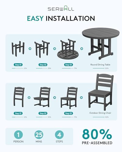 SERWALL 5-Piece Patio Dining Set, 45" Table & 4 Armless Chairs, Grey
