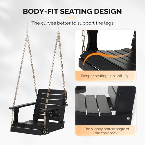 VINGLI 2.2FT HDPE Porch Swing with Cup Holder, Porch Swing Chair, Black