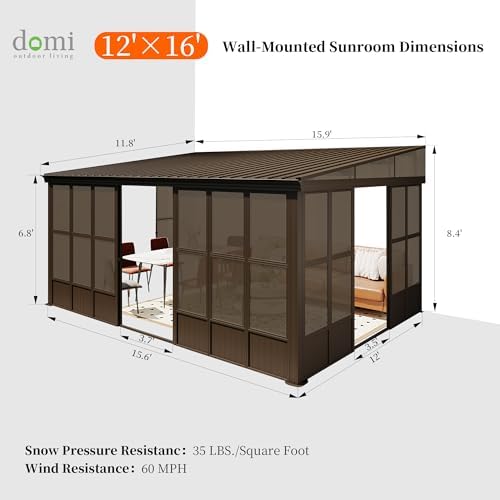 Domi 12x16FT Sunroom, Wall Mounted Sunroom Kit with Galvanized Steel Sloping ...