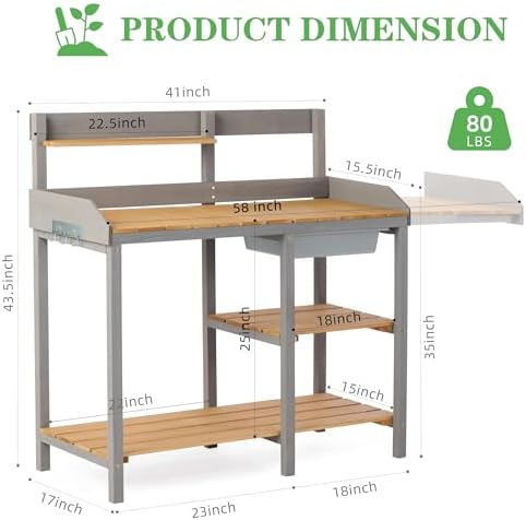 Wooden Potting Bench Table with Sink,Outdoor Garden Table Work Bench with She...