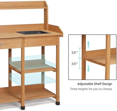 Yaheetech Potting Bench with Sink & Drawer, Outdoor Gardening Table, Wood