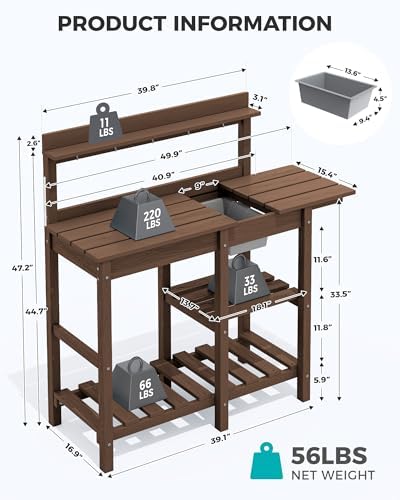 SERWALL Outdoor Potting Bench with Removable Sink,Gardening Table,Coffee