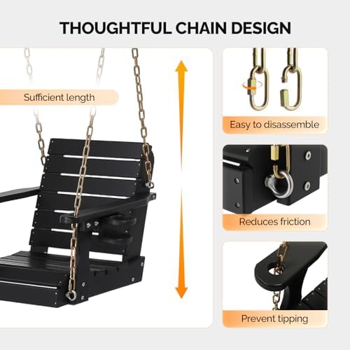 VINGLI 2.2FT HDPE Porch Swing with Cup Holder, Porch Swing Chair, Black