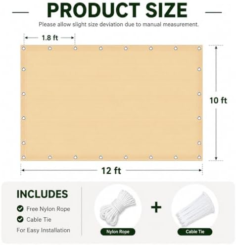 90% Outdoor Sun Shade Cloth, 10’ x 12’, Pergola, Deck, and Backyard Patio Sun...