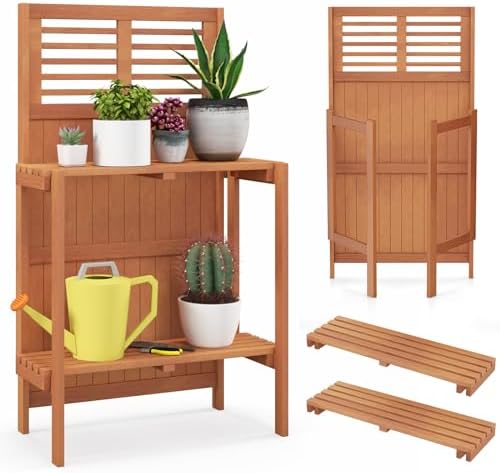 Giantex Folding Potting Bench, 2-Tier Gardening Workstation w/Storage Shelves...