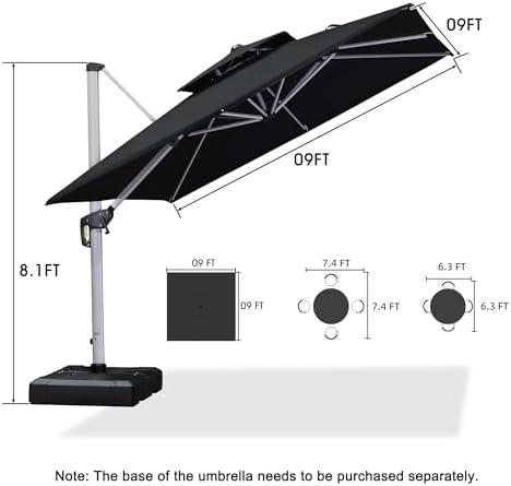 PURPLE LEAF Cantilever Outdoor Umbrella 9' x 9' Square Double Top, Black