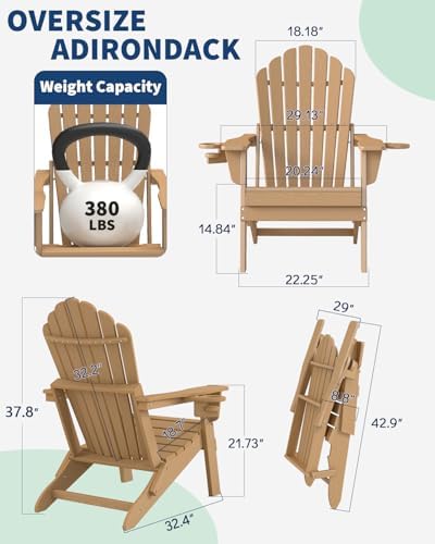 Outdoor HDPE Folding Adirondack Chair Set of 4, High Back Wide Seat Patio Cha...