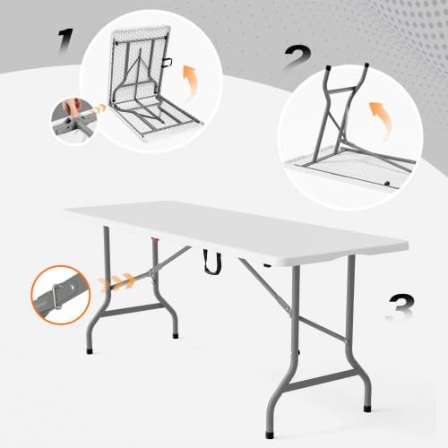 VINGLI 6-Foot Portable Plastic Folding Table,Rectangular HDPE Tabletop Foling...