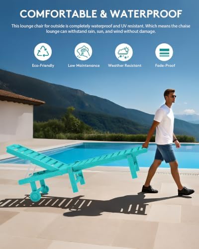 SERWALL HDPE Outdoor Chaise Lounge with Cup Holder & Wheels, Aruba