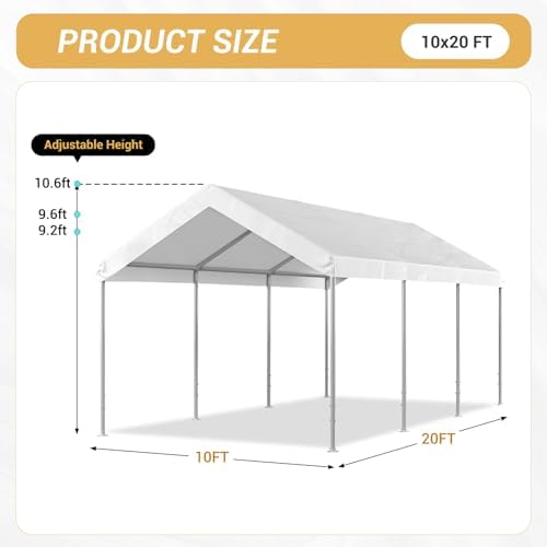 Aoxun 10x20 ft Heavy Duty Carport, Adjustable Height Portable Garage, White