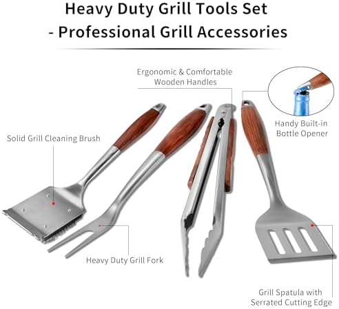 FJNATINH Heavy-Duty Grilling Accessories Rose Wooden BBQ Grilling Tools Set,O...
