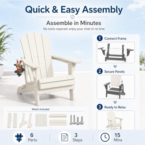 Folding Adirondack Chairs Set of 2 with Cup Holder, Heavy Duty HDPE Plastic O...