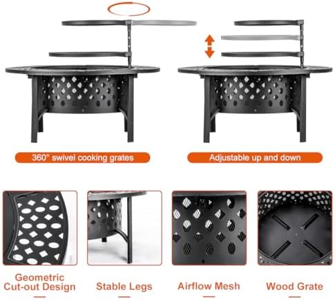 OutVue 36 Inch Fire Pit with 2 Grills,Wood Burning Fire Pits for Outside