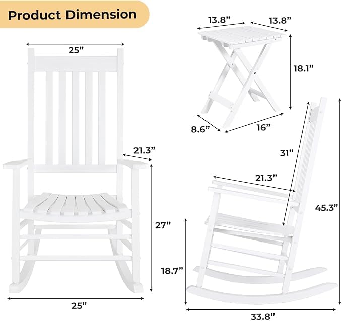 3 Piece Poplar Wood Rocking Chair Set, 2 Rockers with Side Table for Patios