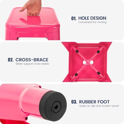 18 Inch Metal Stools Set of 2, Stackable for Indoor Outdoor, Hot Pink