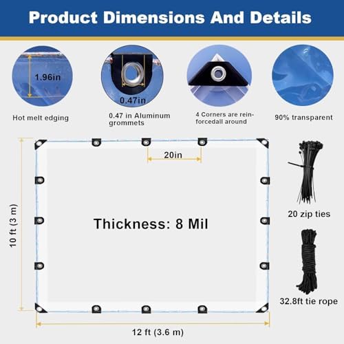 Clear Tarp 10'x12' 8MIL - Heavy-Duty Transparent Waterproof, Wind &am...