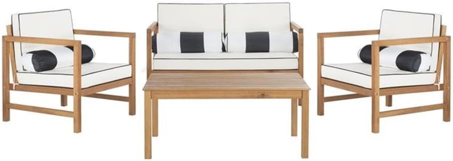 SAFAVIEH Outdoor Collection Montez Natural/ White Cushions/ Striped Bolster P...