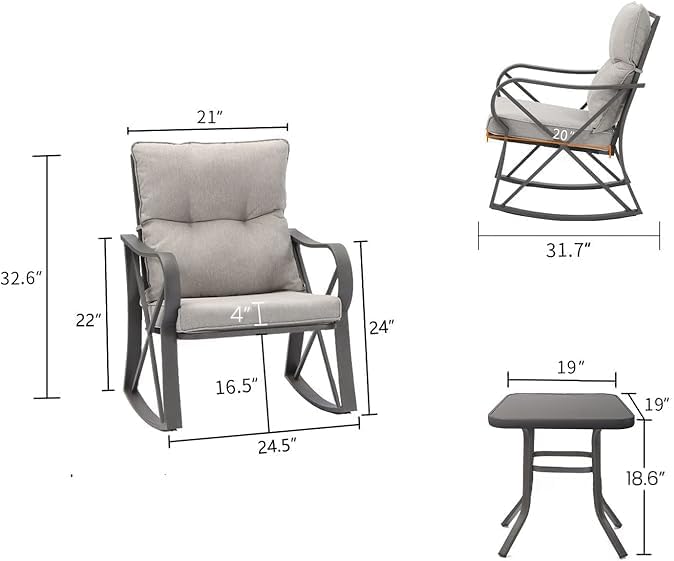 COSIEST 3 Piece Bistro Set Patio Rocking Chairs Outdoor Furniture w Warm Gray...