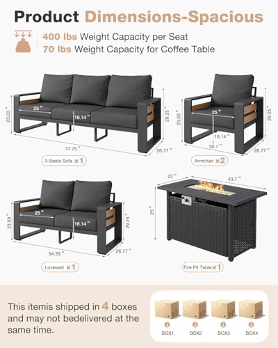 Aoxun Aluminum Patio Furniture Set with Fire Pit Table, 5 Piece Luxury Outdoo...