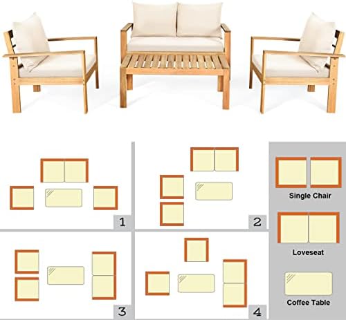 Tangkula Outdoor 4-Piece Acacia Wood Chat Set, 4 Seater Acacia Wood Conversat...