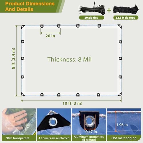 Clear Tarps Heavy Duty Waterproof - 8x10ft Clear Plastic Tarp with Grommets T...
