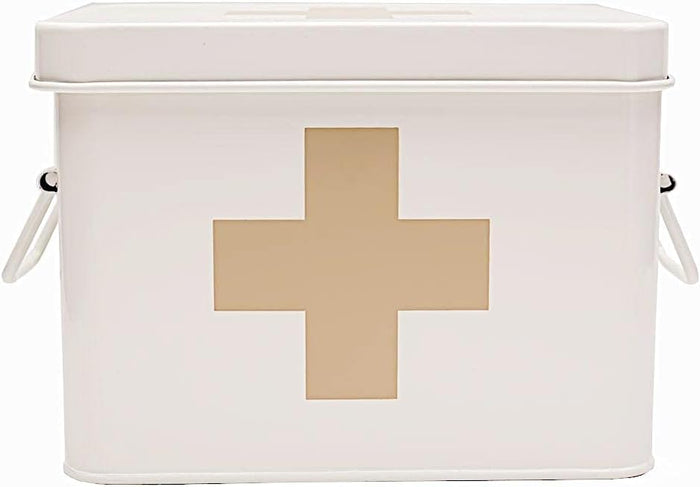 Lassos Boutique Retro Enameled First Aid Box for Medicine Storage and Home Decor with Lid and Removable Tray