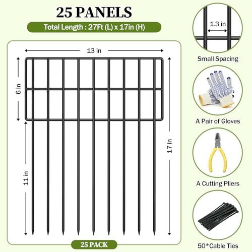 17in (H) x 27ft (L) Garden Fence Animal Barrier, 25 Panels Decorative Garden ...