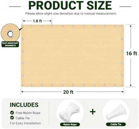 90% Outdoor Sun Shade Cloth, 16' x 20', Pergola, Deck, and Backyard P...