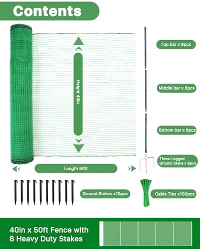 Temporary Fence with Metal Posts, 40" Hx50'L Garden Fence Animal Bar...
