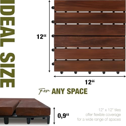 Acacia Wood Interlocking Deck Tiles, Patio & Backyard Tile, 12 in, 9 PCS