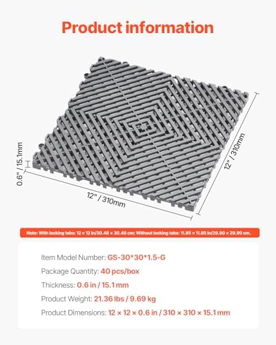 VEVOR Interlocking Drainage Mat, 12” x 12” Modular Interlocking Cushion, 40 P...