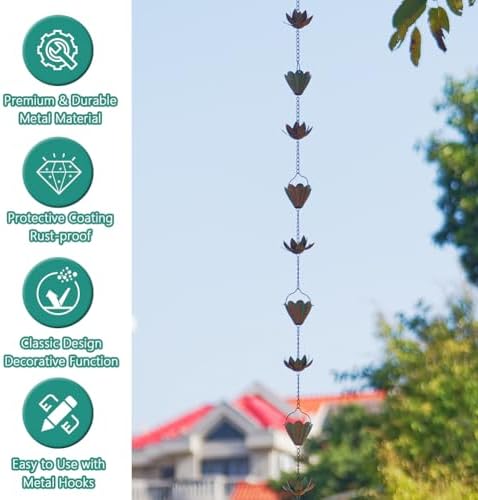 10.3ft Lotus Rain Chains for Outside Gutters, Eaves, Drainage