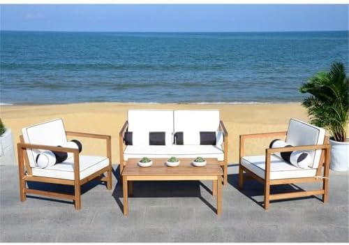SAFAVIEH Outdoor Collection Montez Natural/ White Cushions/ Striped Bolster P...
