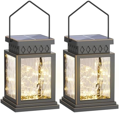 2 Pack Farmhouse Solar Lanterns , Water Ripple Glass & Copper Wire Flicke...