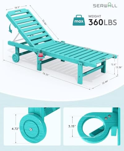 SERWALL HDPE Outdoor Chaise Lounge with Cup Holder & Wheels, Aruba