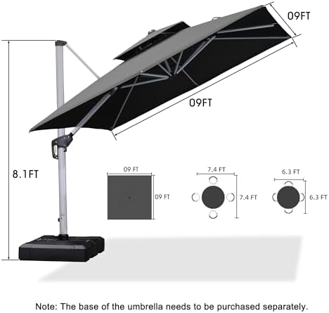 PURPLE LEAF Cantilever Outdoor Umbrella 9' x 9' Square Double Top, Grey