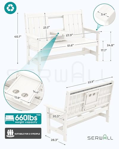 SERWALL HDPE Outdoor Bench with Cup Holder Oversized 58" Porch Bench, White