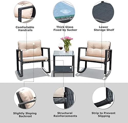 HAPPYGRILL 3-Piece Rocking Bistro Set Outdoor Patio Rocking Chairs with Coffe...