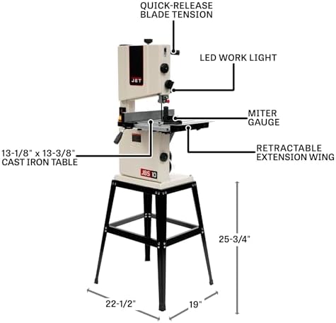 JET 10-Inch Woodworking Band Saw with Stand, 1/2 HP, 115V 1Ph (JWB-10)
