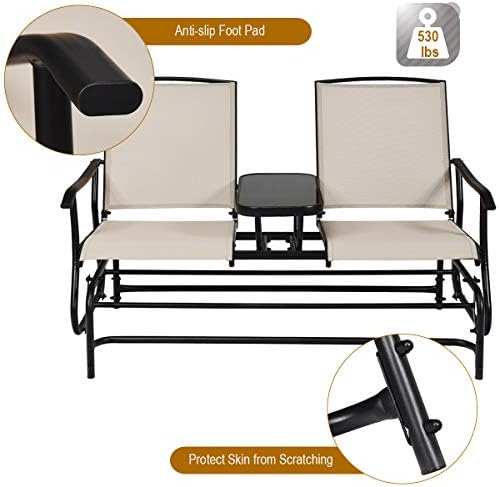 GIANTEX Patio Bench Glider Chair with Metal Frame, Center Tempered Glass Tabl...
