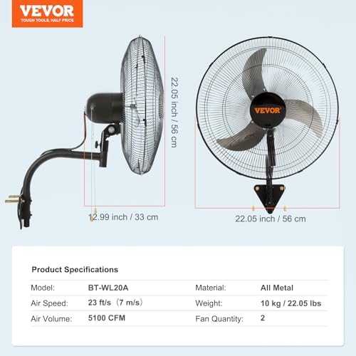 VEVOR 20 Inch Wall Mount Fan, Oscillating, 3-Speed, 4000 CFM, 2 Pack