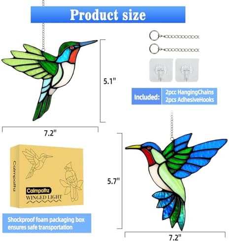 2 Pcs Hummingbird Stained Glass Window Hanging Suncatchers,Gifts for Women
