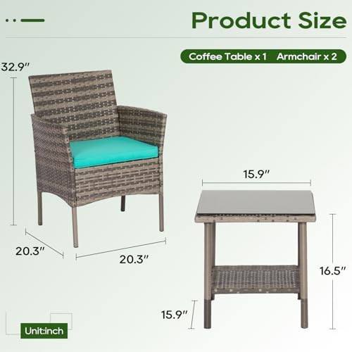 FDW 3-Piece Patio Furniture Set | Gray & Blue | Outdoor Wicker Furniture