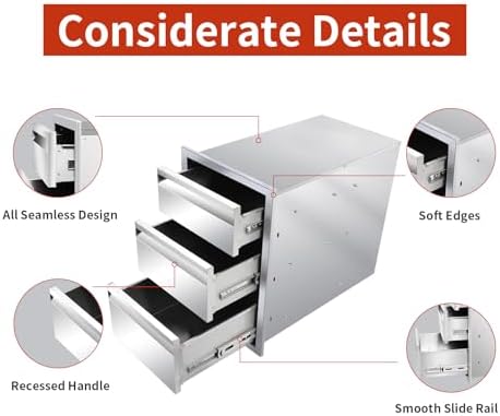 Outdoor Kitchen Drawers 14" W x 21" H x 23" D Triple BBQ Drawe...