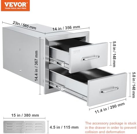 VEVOR Outdoor Kitchen Drawers 14"W x 14.3"H x 23"D Stainless S...