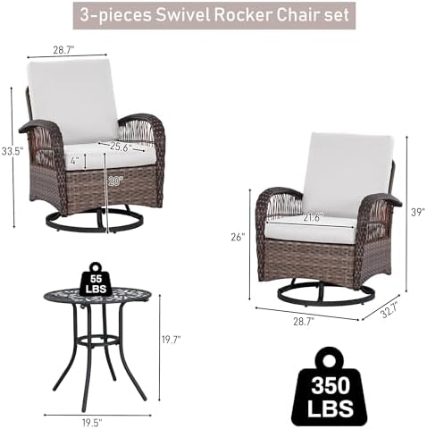 Rophefx 3-Piece Patio Furniture Set, Swivel Rocker Chairs and Table, White