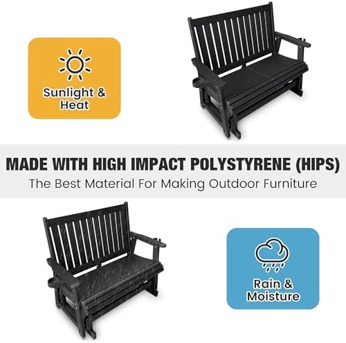 HIPS Patio Glider Two-Seat with Cup Holders, Durable HIPS Material, All-Weath...