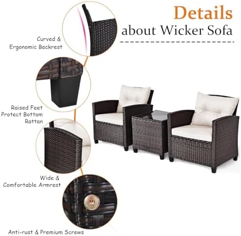 DORTALA Wicker Patio Furniture Set 3 Piece, Outdoor Table and Chairs with Tem...