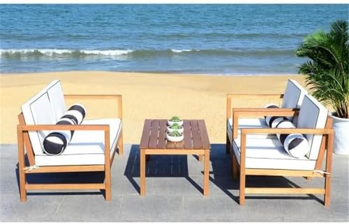 SAFAVIEH Outdoor Collection Montez Natural/ White Cushions/ Striped Bolster P...